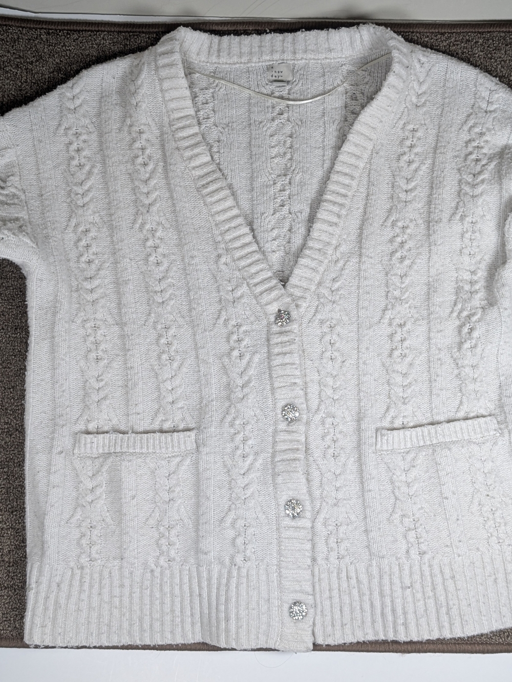 A New Day Cable Knit Cardigan XL Cozy Cream Chunky Knit Rhinestone Button